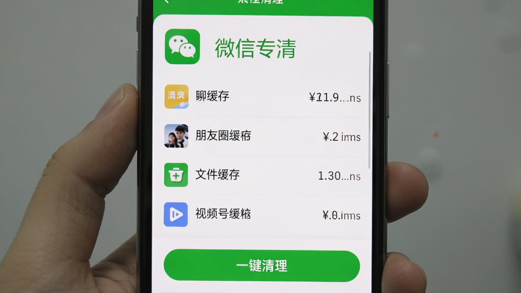 天天清理微信专清功能页面展示,手机屏幕显示微信清理界面,上方有微信图标和“微信专清”字样,下方以列表形式展示聊天缓存、朋友圈缓存、文件缓存、视频号缓存等分类,每个分类右侧显示可清理大小,底部有“一键清理”按钮,界面风格简洁明快,以绿色和白色为主色调,画质清晰
