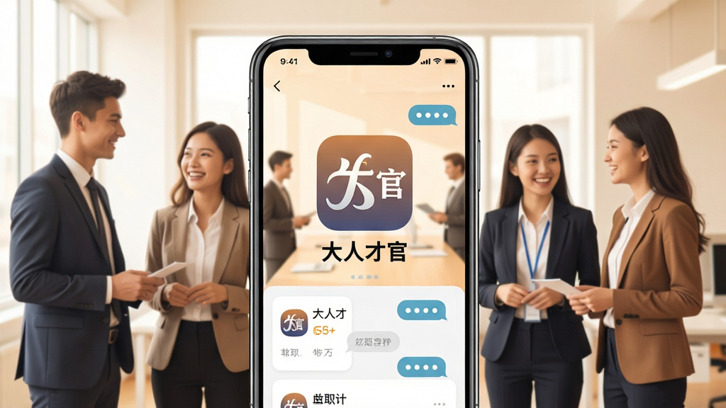 一张手机屏幕展示招聘软件主界面的图片,画面中央是“大人才官”应用图标和名称,背景是明亮的办公室场景,有几位穿着职业装的年轻人正在微笑交流,整体色调温暖专业,构图采用居中对称布局,风格现代扁平化,细节包括手机界面上的职位卡片和聊天气泡,画质清晰干净,无多余元素