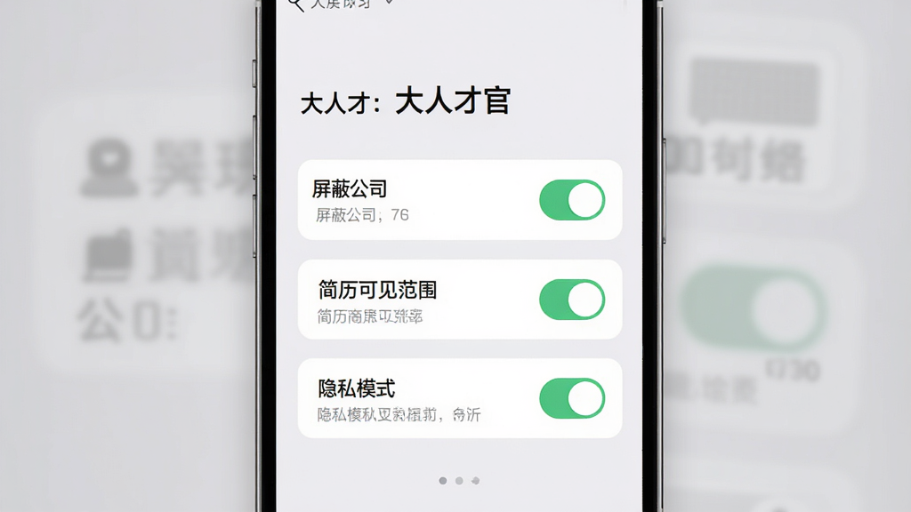 一张展示“大人才官”软件隐私保护设置的界面图,画面中央是手机屏幕,屏幕上显示“屏蔽公司”“简历可见范围”“隐私模式”三个开关按钮,背景是柔和的灰色调,布局采用居中垂直排列,风格极简现代,细节包括按钮的开启状态和说明文字,画质清晰干净无多余元素