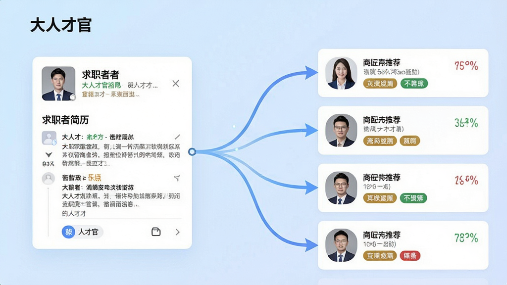 一张展示“大人才官”软件智能匹配功能的界面截图,画面左侧是求职者简历卡片,右侧是多个岗位推荐列表,中间有连线动画表示匹配过程,背景是淡蓝色渐变,布局清晰左右分栏,风格简洁商务,细节包括匹配度百分比和岗位标签,画质干净无多余元素
