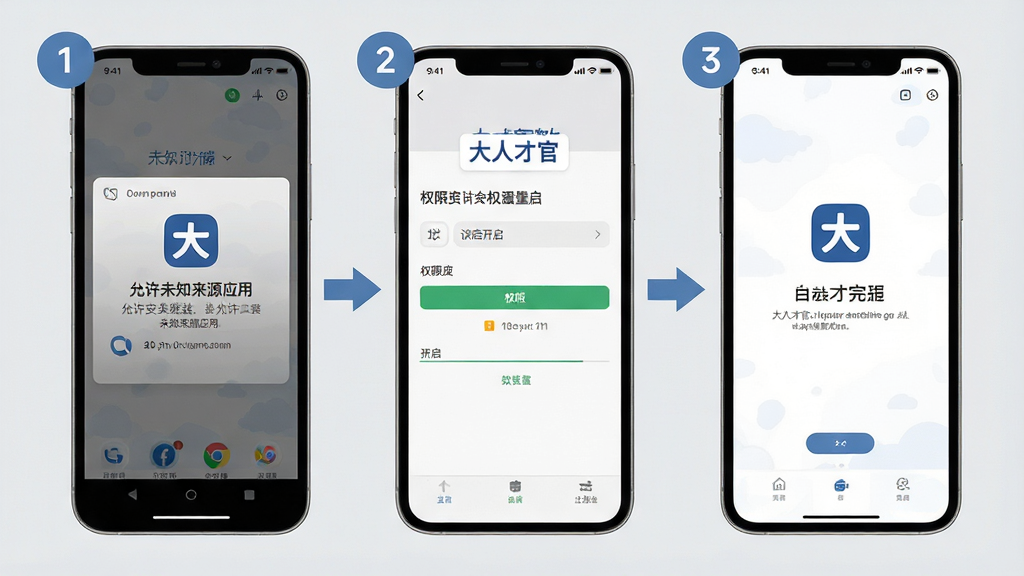 一张展示“大人才官”软件在手机端安装设置的步骤示意图,画面分为三个手机屏幕并排展示,第一个屏幕显示允许安装未知来源应用,第二个屏幕显示权限开启界面,第三个屏幕显示软件主界面加载完成,背景是浅灰色,布局横向排列,风格扁平化教程风,细节包括箭头指引和步骤数字,画质清晰干净无多余元素