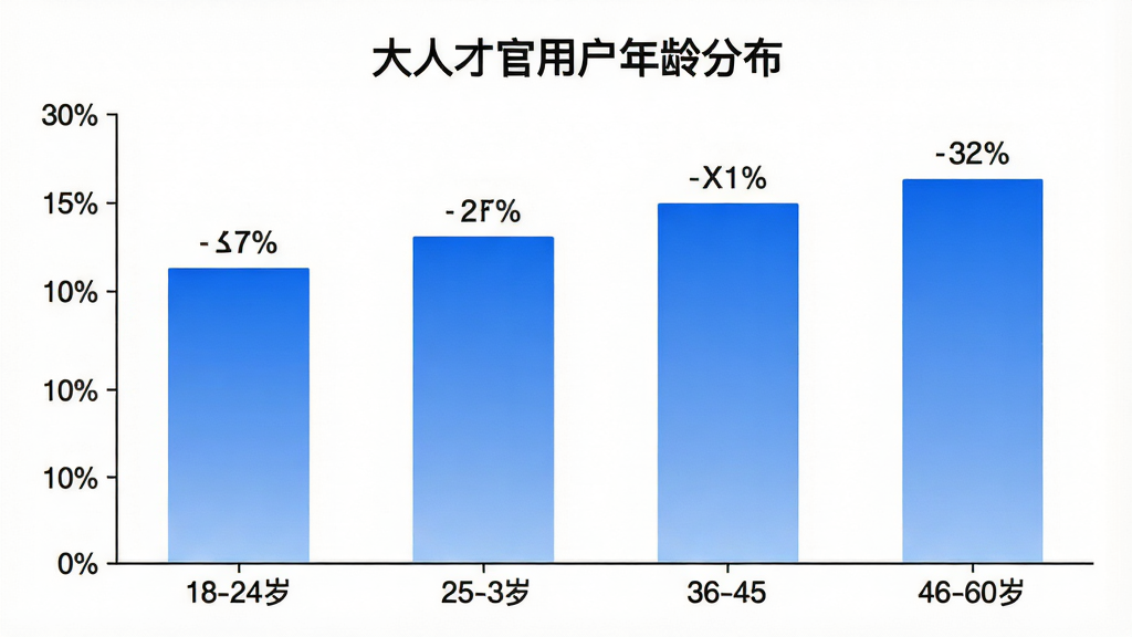 一张展示“大人才官”用户年龄分布的柱状图,横轴是年龄段分为18-24岁、25-35岁、36-45岁、46-60岁,纵轴是用户占比百分比,柱状图颜色为蓝色渐变,背景干净白色,布局居中显示图表标题“大人才官用户年龄分布”,风格简洁数据可视化,细节包括每个柱子上方的百分比数字和坐标轴标签,画质清晰无多余元素