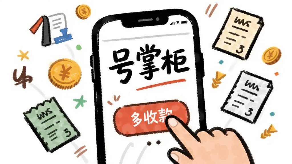 手绘风格插画,画面中央是“号掌柜”手机应用界面,一只手正在点击屏幕上的收款按钮,周围漂浮着数字、钱币和账单小图标,整体布局紧凑,风格轻松活泼,画质清晰,无多余元素