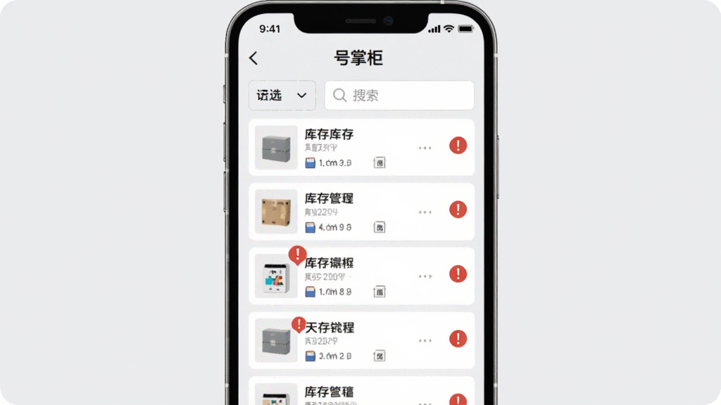 手机屏幕显示“号掌柜”库存管理页面,列表中有多个商品条目,部分商品旁边有红色感叹号预警图标,顶部有筛选和搜索框,背景为浅灰色,风格简洁实用,画质干净,无多余元素