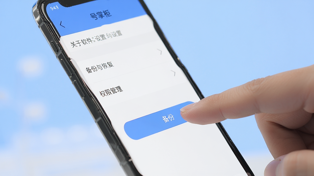 手机屏幕显示“号掌柜”设置页面,有备份与恢复、权限管理、关于软件等选项,一只手正在点击备份按钮,背景为柔和的蓝色渐变,风格简洁清晰,画质干净,无多余元素