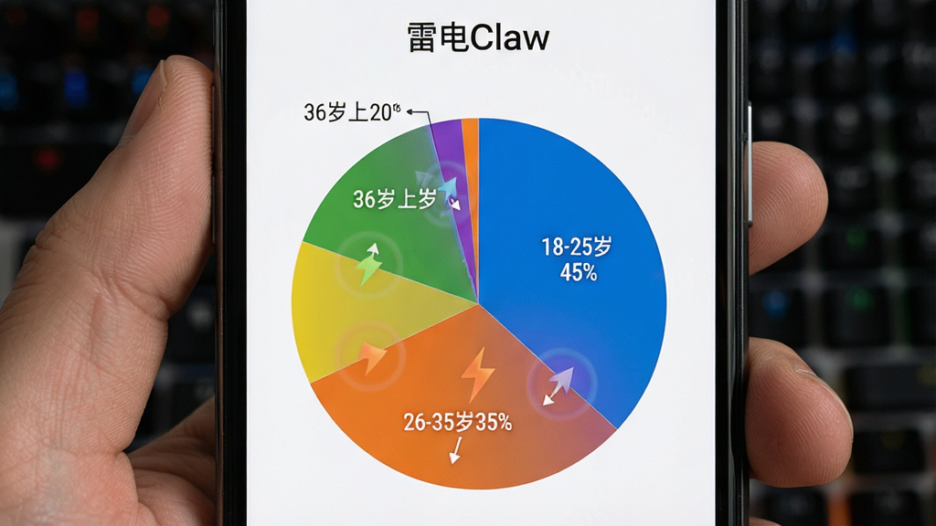 һ��չʾ�׵�Claw�û�����ֲ�����ͼ���������ֻ���Ļ��ʾ��״ͼ�����־��У��Ű��࣬�������ͼ����ϸ���ϲ�ͬ��ɫ������ע18-25��45%��26-35��35%��36������20%�����ʸ��壬�ɾ��޶���Ԫ�أ�ͼƬ�д������֡��׵�Claw��
