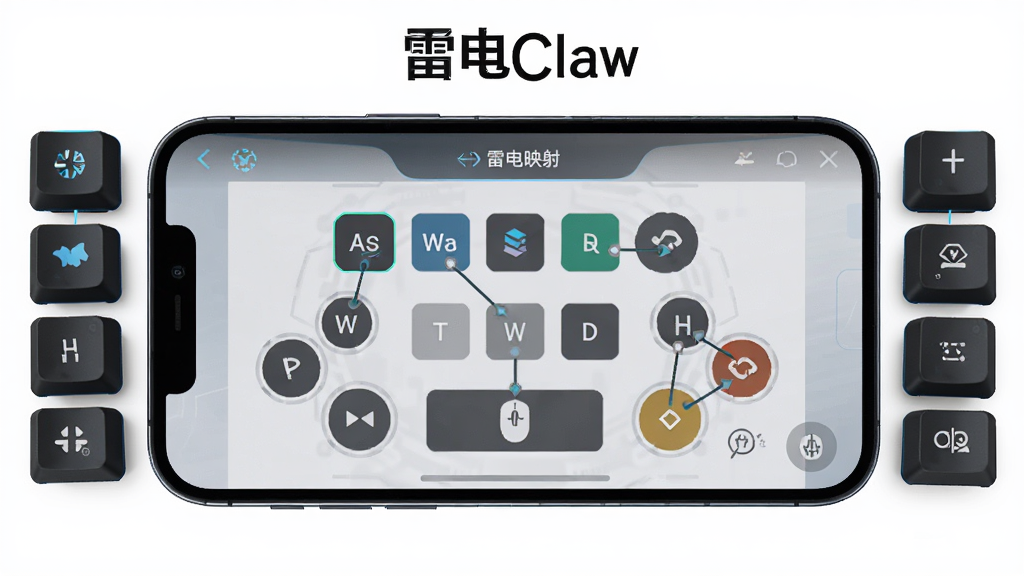 һ��չʾ�׵�Claw����ӳ�����õ���ͼ���������ֻ���Ļ��ʾ����ӳ��༭���棬��������Ļ�������ⰴ��ͼ�꣬��Χ�м��̰�����ʾ���Ű����������Ƽ��У�ϸ����չʾWASD�����ͼ���Ӧ��Ļλ�ã����ʸɾ����޶���Ԫ�أ�ͼƬ�д������֡��׵�Claw��
