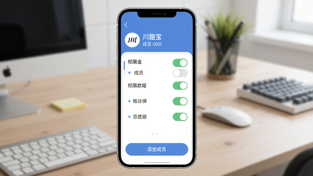 手机屏幕展示“川路宝”群组管理界面,顶部是群组名称和成员数量,中间是权限开关列表,底部有添加成员按钮,背景是办公室桌面,布局上下结构清晰,风格现代扁平,细节圆润,画质干净无多余元素