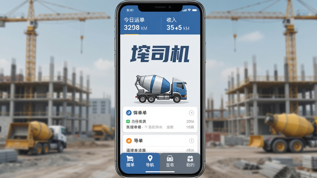 砼司机App主界面全貌展示,手机屏幕中央显示醒目的砼司机Logo和混凝土搅拌车图标,背景是简洁的工地场景,界面以蓝灰为主色调,顶部显示今日运单数量和收入统计,中间是运单卡片列表,底部有接单、导航、签收、我的四个功能按钮,风格写实工业风,画质干净清晰,无多余元素