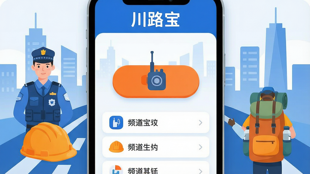 手机屏幕竖屏展示,主界面顶部显示“川路宝”应用名称,中间是醒目的对讲按钮和频道列表,周围环绕着巡逻队员、工地安全帽、户外背包客等元素,背景是城市道路与建筑剪影,布局居中对齐,风格现代扁平化,细节圆润清晰,画质干净无多余元素,文字标签明确,整体色调以蓝白为主搭配橙色点缀