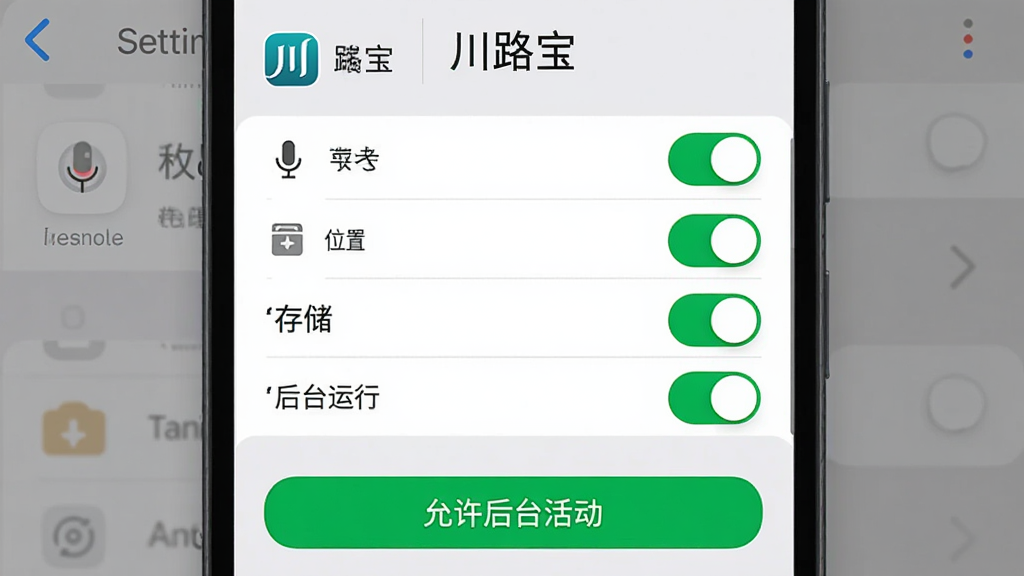 手机屏幕显示“川路宝”权限设置界面,顶部是应用名称,中间是麦克风、位置、存储、后台运行四个权限开关全部打开的状态,底部有“允许后台活动”的高亮按钮,背景是手机设置菜单,布局上下结构,风格现代扁平,细节清晰,画质干净无多余元素