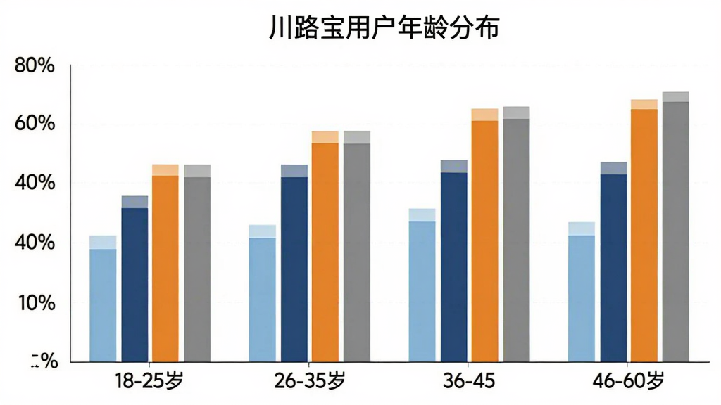 柱状图展示川路宝用户年龄分布,横轴为18-25岁、26-35岁、36-45岁、46-60岁四个年龄段,纵轴为用户占比百分比,柱状颜色分别为浅蓝、深蓝、橙色、灰色,图表标题为“川路宝用户年龄分布”,背景白色,风格简洁现代,细节清晰,画质干净无多余元素