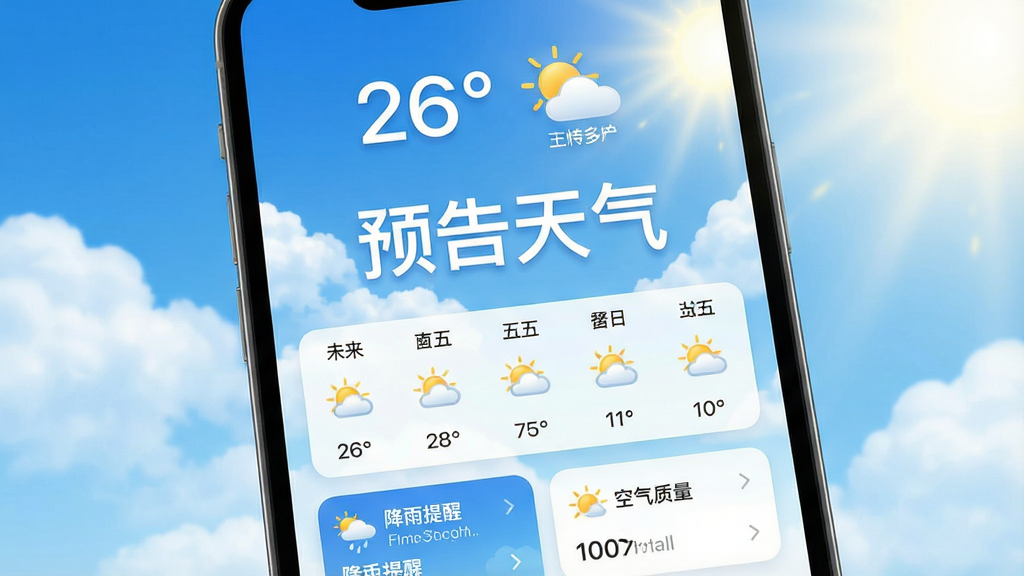 一张手机屏幕展示天气应用主界面的图片,画面中央显示“预告天气”四个大字,背景是蓝天白云和阳光,界面布局简洁,顶部显示当前温度26度和晴转多云的图标,中部有未来五天的天气趋势小图,底部是降雨提醒和空气质量卡片,整体风格清新明亮,色彩以蓝白为主,细节圆润,画质干净清晰,无多余元素