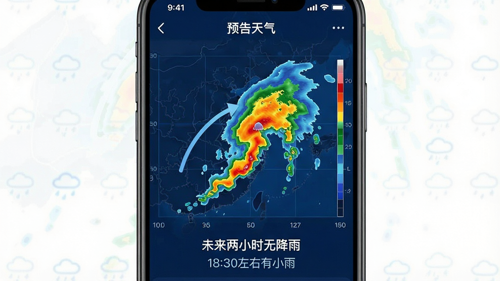 一张手机应用界面截图,画面中“预告天气”应用显示分钟级降水雷达图,中央有彩色雷达回波图显示降雨云团移动方向,下方有文字标注“未来两小时无降雨”和“18:30左右有小雨”,界面风格科技感十足,背景深蓝色,图表线条清晰,画质干净无多余元素