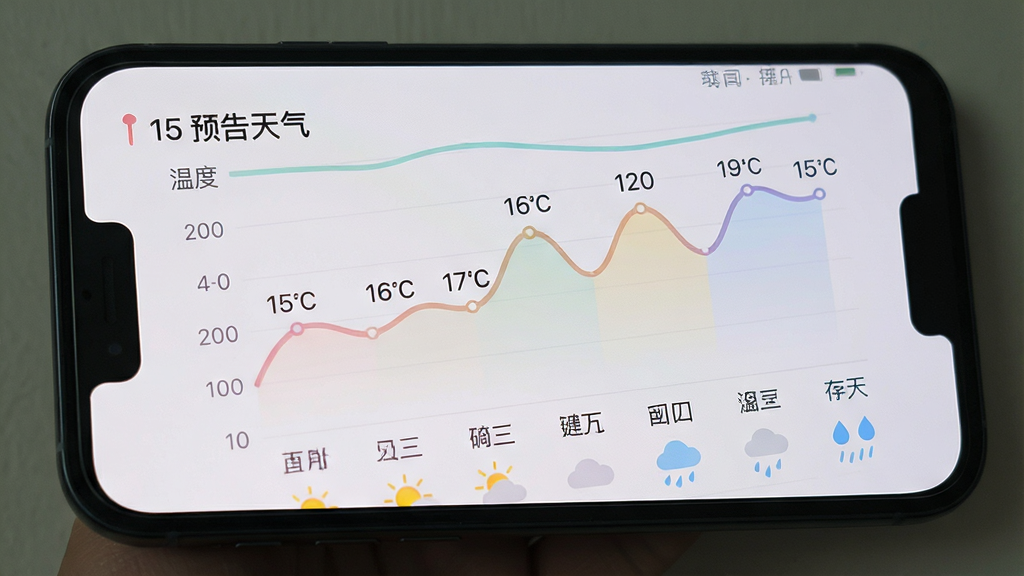 一张手机屏幕展示天气趋势图,画面中“预告天气”应用显示十五天温度折线图,横轴是日期,纵轴是温度,折线有起伏变化,下方有对应日期的天气图标如太阳、云朵、雨滴,界面背景为浅灰色,图表颜色柔和,标注清晰,画质干净无多余元素