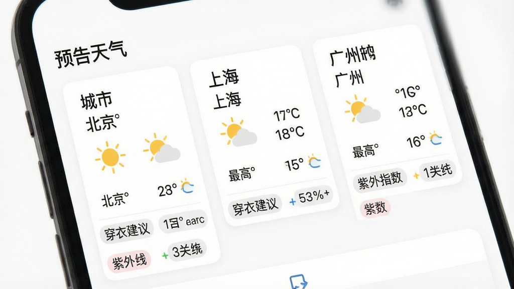 一张手机应用界面展示多城市天气列表,画面中“预告天气”应用显示北京、上海、广州三个城市的天气卡片,每个卡片上有城市名、当前温度、天气图标和最高最低温,下方有穿衣建议和紫外线指数的小标签,界面布局整齐,风格简约,背景白色,文字清晰,画质干净无多余元素