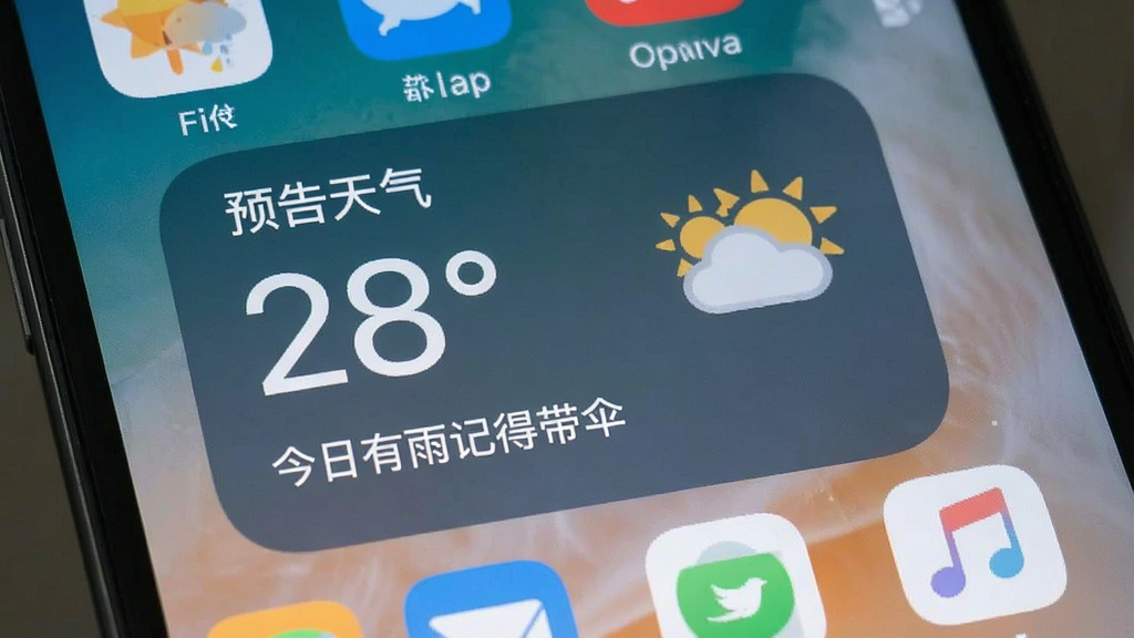 一张手机桌面截图,画面中“预告天气”桌面小组件显示当前温度28度、晴转多云图标和“今日有雨记得带伞”的文字提醒,小组件风格圆角卡片式,背景是手机壁纸,旁边有其他应用图标,整体布局自然,画质清晰,无多余元素