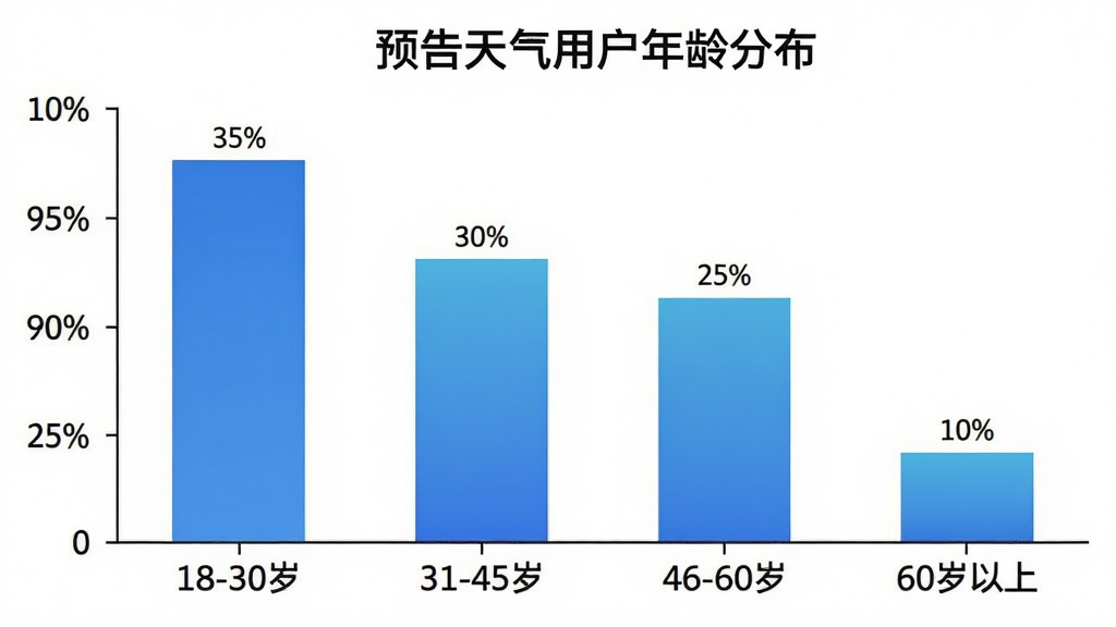 一张柱状图展示不同年龄段用户占比,横轴为年龄段,纵轴为用户百分比,数据分别为18-30岁占35%、31-45岁占30%、46-60岁占25%、60岁以上占10%,柱状图颜色为蓝色渐变,标题为“预告天气用户年龄分布”,背景白色,图表清晰,画质干净无多余元素