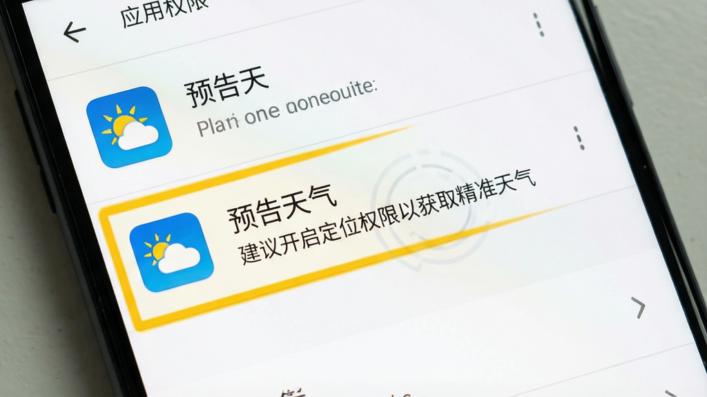 一张手机屏幕显示应用权限设置界面,画面中“预告天气”应用的定位权限选项被高亮标注,旁边有文字说明“建议开启定位权限以获取精准天气”,界面风格为安卓原生设置页面,背景白色,选项清晰,画质干净无多余元素