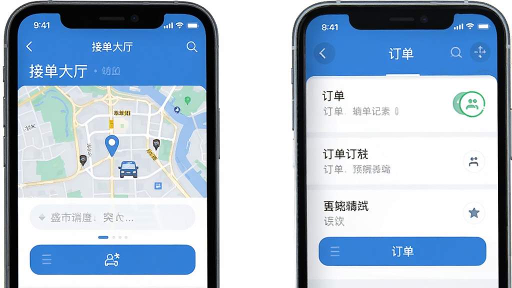 盛大司机端 手机应用主界面 展示 接单大厅 地图 订单列表 功能按钮 布局清晰 蓝色主题 扁平化设计 现代风格 画质干净 无多余元素