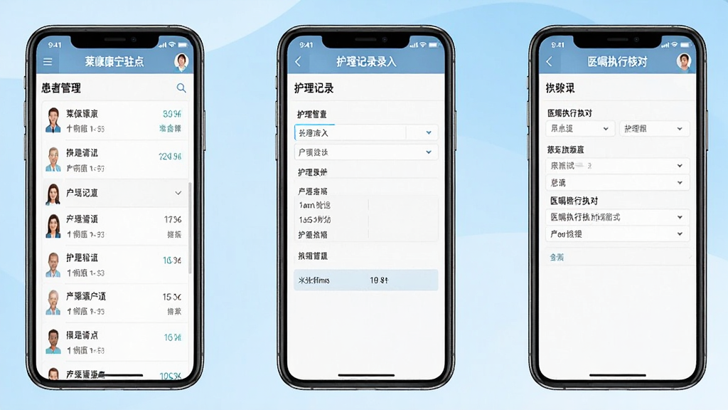 莱康宁驻点功能界面展示,画面左侧显示患者管理列表,中间展示护理记录录入表单,右侧呈现医嘱执行核对界面,三个界面以手机屏幕形式并排排列,背景为浅蓝色渐变,整体风格干净整洁,文字清晰可辨,画质高清,无杂乱装饰元素