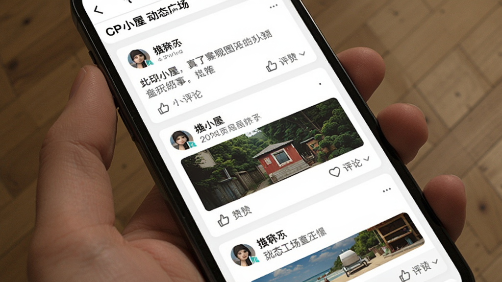 CPС�� ��̬�㳡ҳ�棬�ֻ���Ļ��ʾ�û�������ͼ�Ķ�̬�б���ÿ����̬����ͷ���ǳơ��������ݡ���ͼ�͵������۰�ť������Ϊ��ɫ����Ƭʽ��ƣ����ɾ����࣬���������޶���Ԫ��