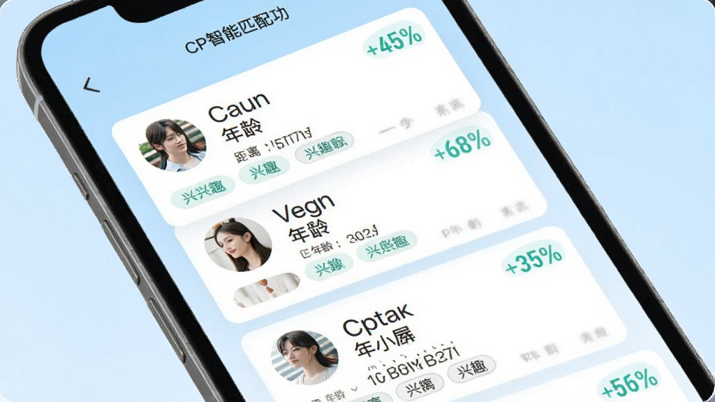 CPС�� ����ƥ�书�ܽ��棬�ֻ���Ļ��ʾ����û���Ƭ���ٲ�����ʽ���У�ÿ�ſ�Ƭ����ͷ���ǳơ����䡢�������Ȥ��ǩ����Ƭ���Ͻ���ƥ��Ȱٷֱȣ�����Ϊ����ɫ���䣬������¼�Լ�����ʸɾ��޶���Ԫ��