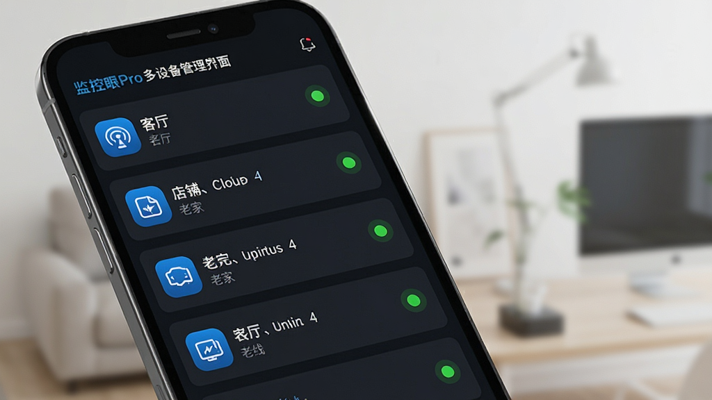�����Pro���豸�������棬�ֻ���Ļ��չʾ���豸�б���ÿ���豸����������ע����������̡��ϼҵȣ��豸�Ա�������״ָ̬ʾ�ƣ����沼�����룬��ɫ����������ɫͼ�꣬���ͳһ�ִ������ʸɾ�