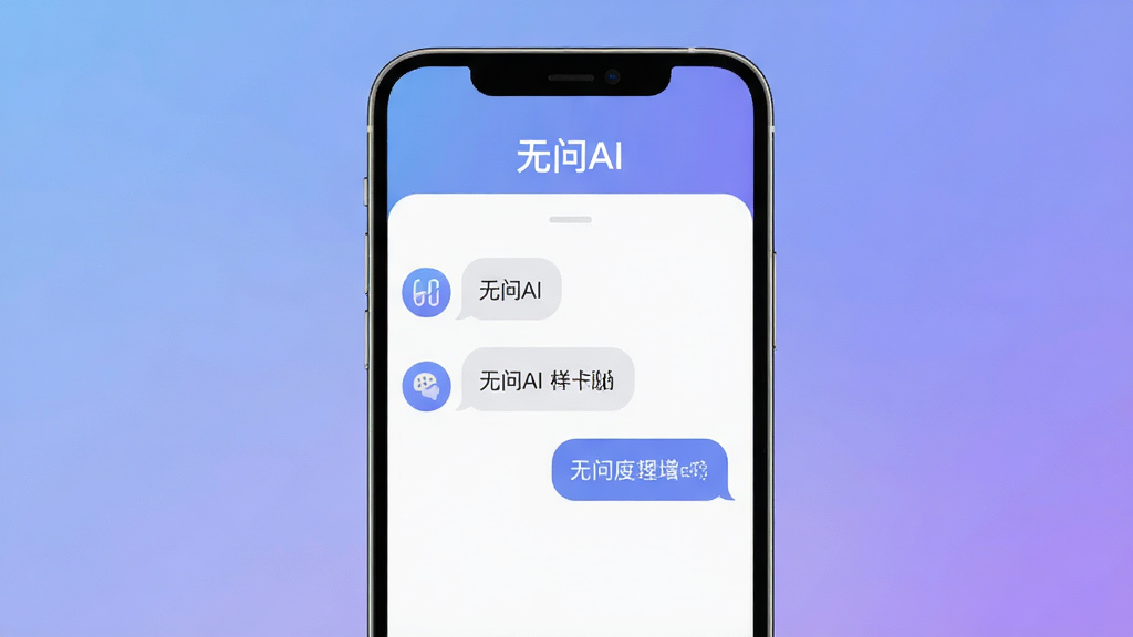 一张展示无问AI应用核心界面的图片,主体是手机屏幕,屏幕上显示简洁的对话气泡界面,顶部有“无问AI”字样,背景是柔和的蓝紫色渐变,布局为居中展示手机,排版干净,风格现代扁平,细节包括圆润的图标和清晰的文字标签,画质干净无多余元素,整体给人智能、安静、高效的视觉感受。