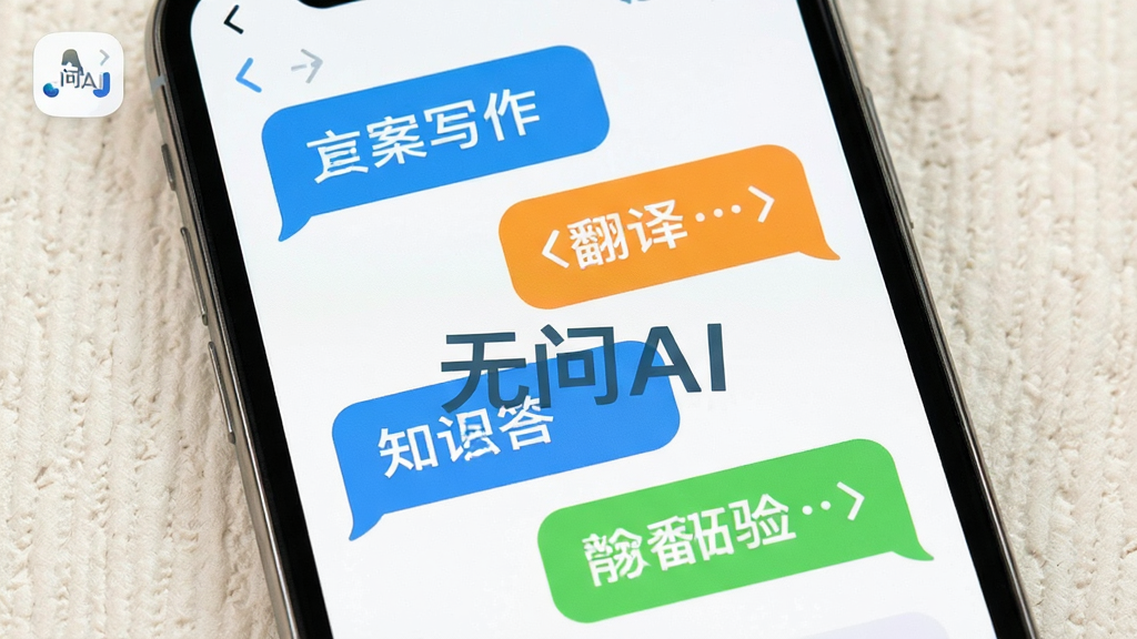 一张展示无问AI多场景辅助功能的图片,主体是手机屏幕中显示多个对话气泡,分别代表文案写作、翻译、知识问答等场景,布局为手机屏幕特写,排版错落有致,风格清新明快,细节包括不同颜色的气泡区分功能,画质干净无多余元素,背景为浅色纹理,突出“无问AI”标识。