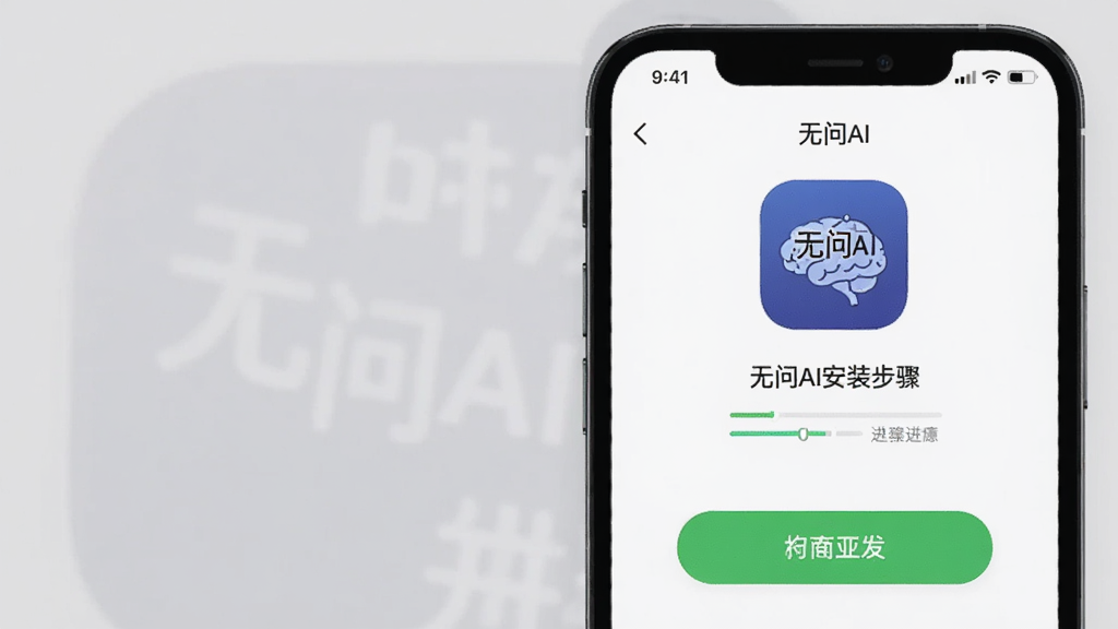 一张展示无问AI安装步骤的图片,主体是手机屏幕显示安装进度条和完成后的应用图标,布局为手机屏幕竖屏展示,排版简洁,风格写实,细节包括“无问AI”图标和安装按钮,画质干净无多余元素,背景为浅灰色。