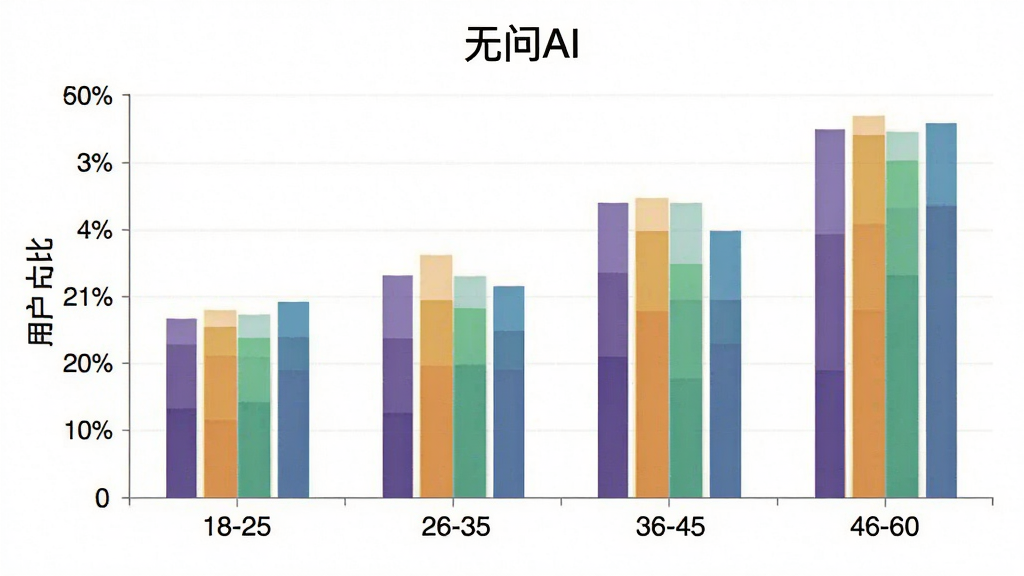 一张展示无问AI用户年龄分布的柱状图,主体是柱状图图表,横轴为年龄段18-25、26-35、36-45、46-60,纵轴为用户占比,布局为图表居中,排版清晰,风格数据可视化,细节包括不同颜色的柱子和“无问AI”标题,画质干净无多余元素。
