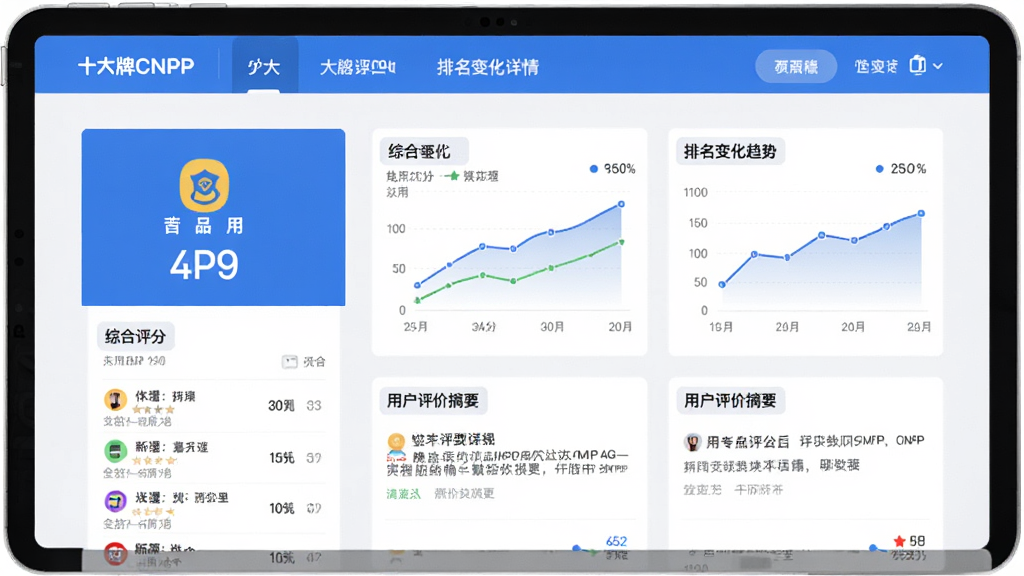 一张展示十大品牌CNPP应用内品牌详情页面的图片,画面中显示某个品牌的综合评分、排名变化趋势图、用户评价摘要等信息,图表清晰,数据可视化做得好,界面风格现代,蓝白配色,画质干净