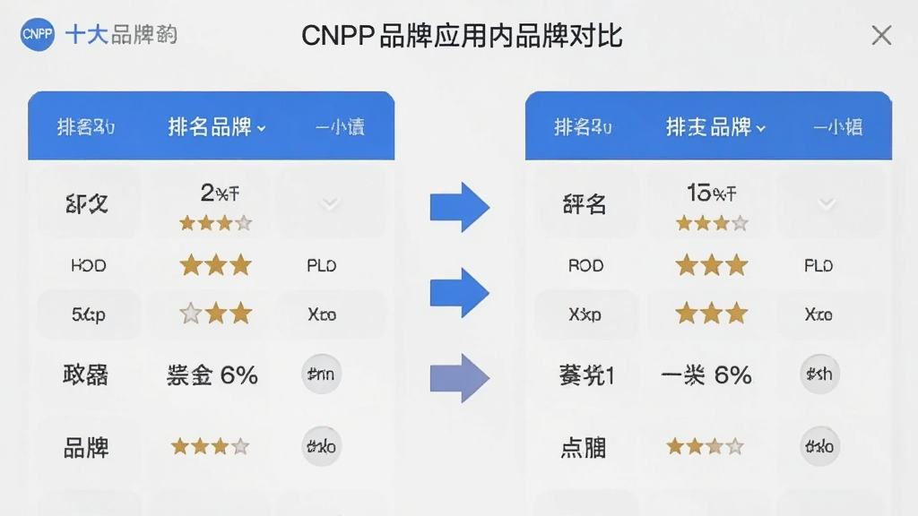 一张展示十大品牌CNPP应用内品牌对比功能的界面截图,画面中左右两侧分别显示两个品牌的排名数据、评分、口碑等对比信息,中间有对比箭头,界面简洁直观,蓝白配色,文字清晰,画质干净