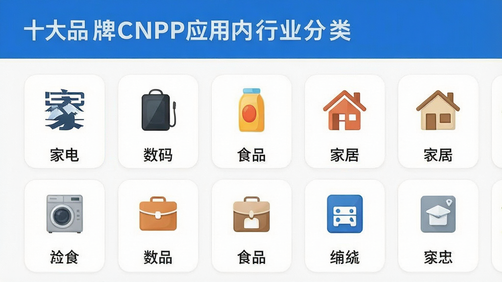 一张展示十大品牌CNPP应用内行业分类页面的截图,画面中清晰可见家电、数码、食品、家居等多个行业图标整齐排列,每个图标下方标注行业名称,界面风格清爽,蓝白主色调,文字标注清晰,画质干净无多余装饰