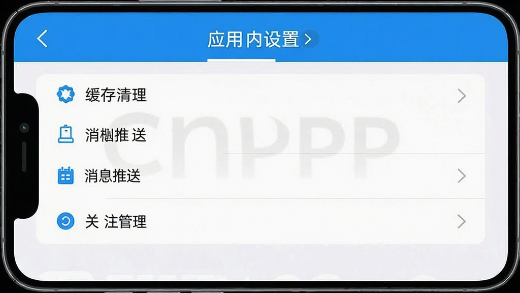 一张手机屏幕展示十大品牌CNPP应用内设置页面的截图,画面中清晰可见缓存清理、消息推送、关注管理等选项,界面布局规整,蓝白配色,文字标签明确,画质干净无多余元素