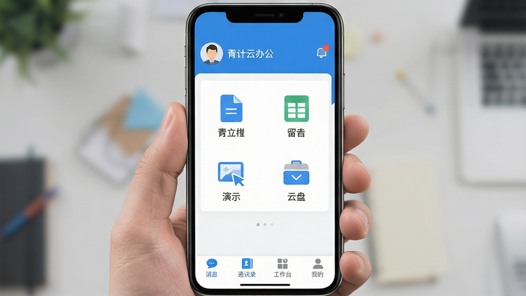 һ��չʾ����ư칫�ֻ�APP�������ͼƬ��������Ƽ���ִ�������ɫ�Ͱ�ɫΪ��ɫ����������ʾ�û�ͷ�����Ϣ֪ͨ���м��������ĵ���������ʾ�������ĸ���ͼ����ڣ��ײ�����Ϣ��ͨѶ¼������̨���ҵ��ĸ�����ѡ�������ɾ��޹�棬��������������ƽ�������ֱ�ǩ��ȷ�����岼���������޶���Ԫ�ء�