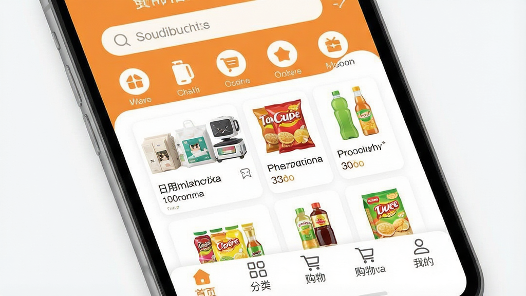 һ���ֻ���Ļչʾ�š���è�ٻ�������App�������棬�����������죬��ů��ɫ�Ͱ�ɫΪ��ɫ����������������ͷ���ͼ�꣬�м�����Ʒ�ٲ���չʾ���������ðٻ�����ʳ���ϵ���ƷͼƬ���ײ�����ҳ�����ࡢ���ﳵ���ҵ��ĸ�������ǩ�����岼�����������ֱ�ǩ��ȷ������ִ���ƽ��ϸ��Բ�󣬻��ʸɾ��޶���Ԫ�ء�