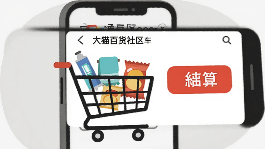 һ�ű�ƽ�����Ĳ廭������������һ���ֻ����棬������չʾ�š���è�ٻ��������Ĺ��ﳵҳ�棬���ﳵ��������ࡢë������Ƭ����Ʒͼ�꣬�Ա���һ����Ŀ�Ľ��㰴ť�������Ǽ���ǳ��ɫ������ִ������ʸɾ���