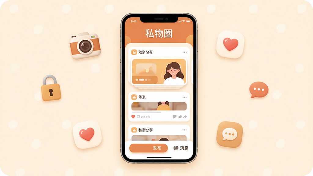 ˽��ȦApp������ȫòչʾ�������������һ���ֻ����ֻ���Ļ����ʾ˽��ȦӦ����ҳ�棬ҳ����ůɫ��Ϊ���������С�˽��Ȧ�������֣��м��ǿ�Ƭʽ��̬���������ײ��з�����ť����Ϣ��ڣ���Χ������������������ġ��������ݵ�Сͼ�꣬��������ܰ��Լ����ƽ����ƣ�ϸ��Բ�󣬻��ʸɾ��������޶���Ԫ��