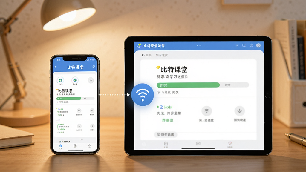 一部手机和一部平板并排展示,屏幕上都是“比特课堂”的学习进度界面,中间有同步图标连接,背景是温馨的书桌场景,风格写实干净