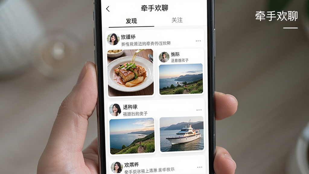 一张手机屏幕展示“牵手欢聊”动态广场的界面,瀑布流布局,每个卡片包含用户头像、昵称、一段文字和一张配图,有的卡片是美食照片,有的是风景照,屏幕上方有“发现”和“关注”两个标签,整体风格清新文艺,画质干净,无多余元素,带“牵手欢聊”文字
