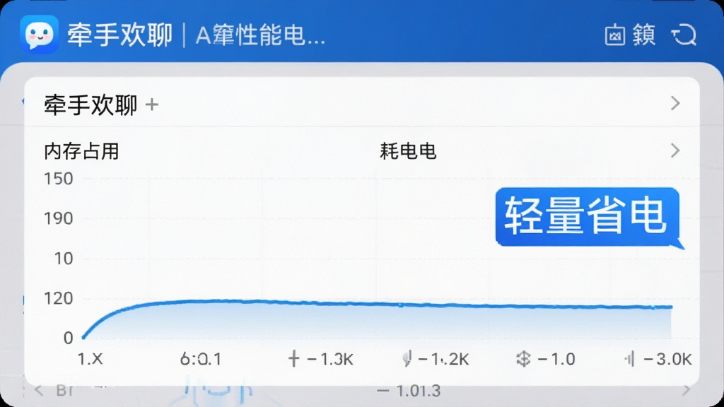 一张手机性能监控图,显示“牵手欢聊”APP运行时的内存占用和耗电曲线,曲线平缓处于低位,旁边有“轻量省电”的文字标注,背景是手机设置界面的电池选项,整体风格科技感,画质干净,无多余元素,带“牵手欢聊”文字