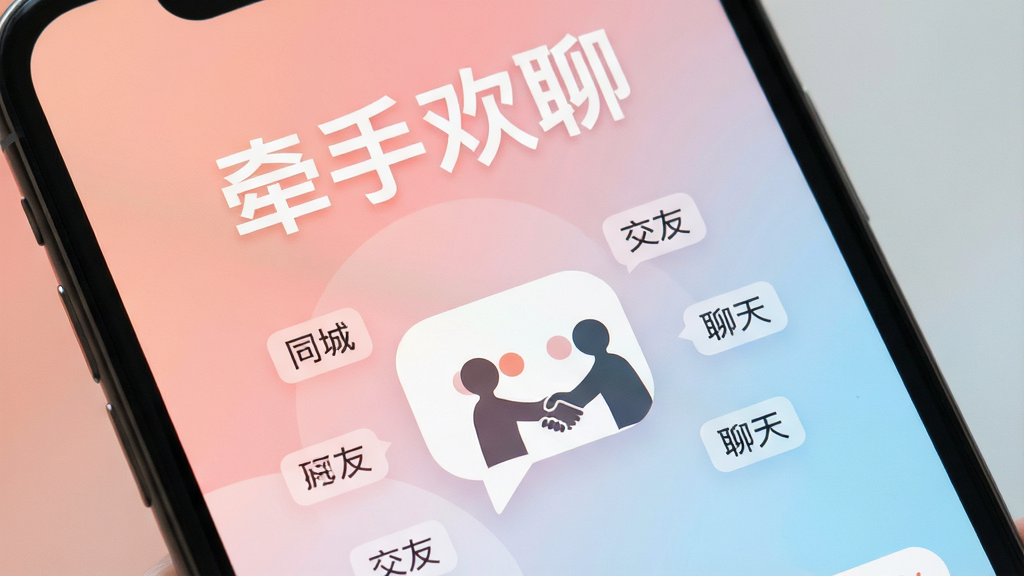 一张手机屏幕特写,屏幕上显示着“牵手欢聊”四个大字的APP主界面,界面背景是温暖的浅粉色和浅蓝色渐变,屏幕中间有一个简约的聊天气泡图标和两个握手的小人剪影,周围漂浮着“同城”、“交友”、“聊天”等小字标签,整体风格温馨现代,扁平化设计,画质干净清晰,无多余元素
