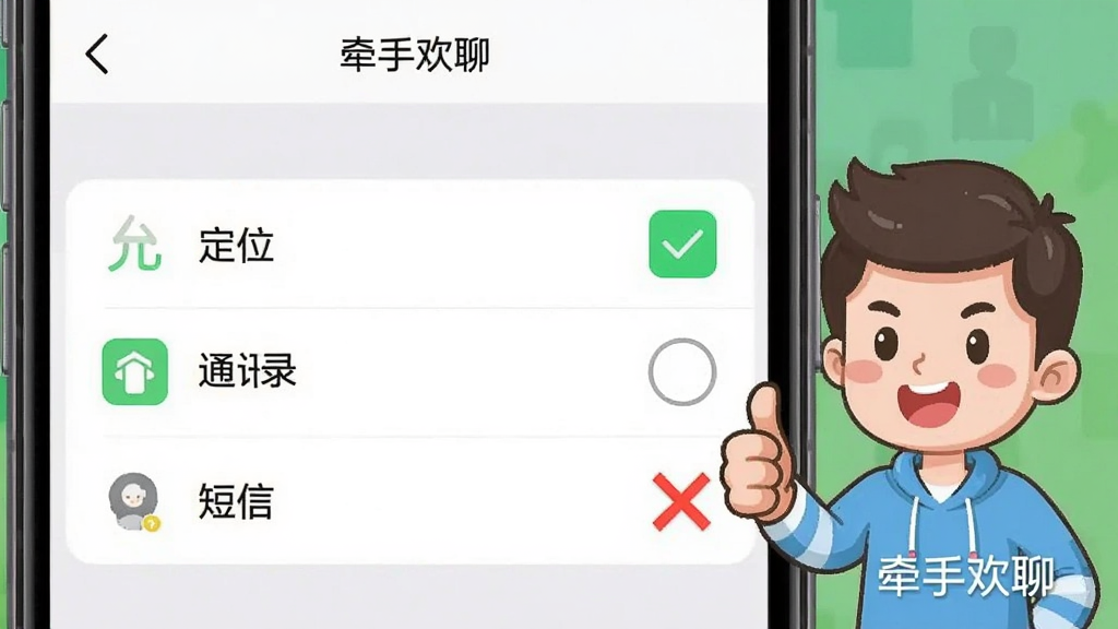 一张手机设置界面的截图,显示“牵手欢聊”的权限管理页面,定位和存储权限被勾选为允许,通讯录和短信权限被标记为红色叉号禁止,屏幕旁边有一个卡通人物竖起大拇指点赞,整体风格清晰直观,画质干净,无多余元素,带“牵手欢聊”文字
