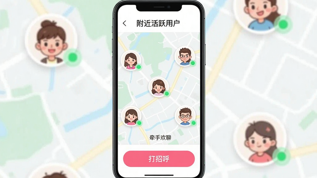 一张手机界面截图,展示“牵手欢聊”的同城速配页面,地图背景上有几个卡通人物头像散落分布,每个头像旁边有一个绿色的小圆点表示在线状态,屏幕顶部写着“附近活跃用户”,底部有一个“打招呼”的粉色按钮,整体设计简洁明快,画质干净,无多余元素,带“牵手欢聊”文字