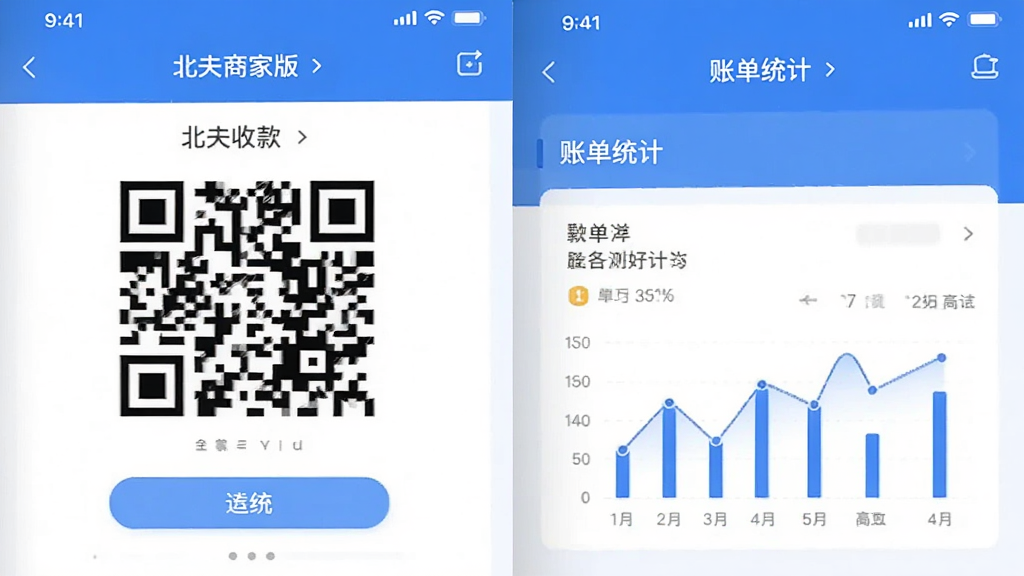 北夫商家版 手机应用主界面 展示店铺收款二维码与账单统计图表 整体布局简洁 蓝白配色 风格现代扁平 画质清晰干净 无多余元素