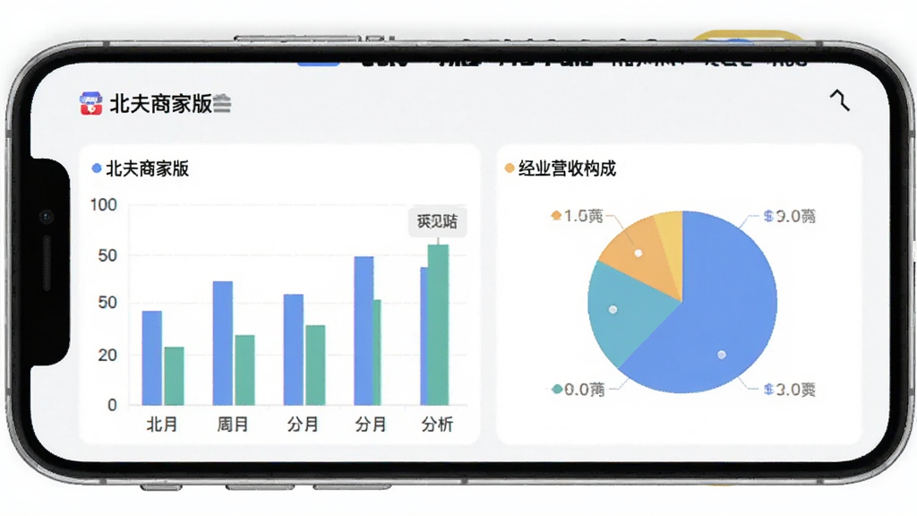 北夫商家版 经营数据看板 手机屏幕显示柱状图与饼状图 分析店铺营收构成 画面中有“北夫商家版”字样 风格商务简约 画质干净