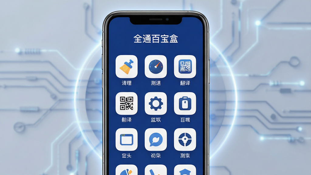一张展示全通百宝盒核心功能的手机应用界面截图,画面中央是手机屏幕,屏幕内显示全通百宝盒的主界面,界面以深蓝和白色为主色调,顶部有“全通百宝盒”文字标题,中间是网格状排列的工具图标,包括清理、测速、翻译、二维码等,图标风格扁平圆润,背景干净整洁,手机周围有轻微的光晕特效,整体风格现代科技感,画质清晰,无多余元素