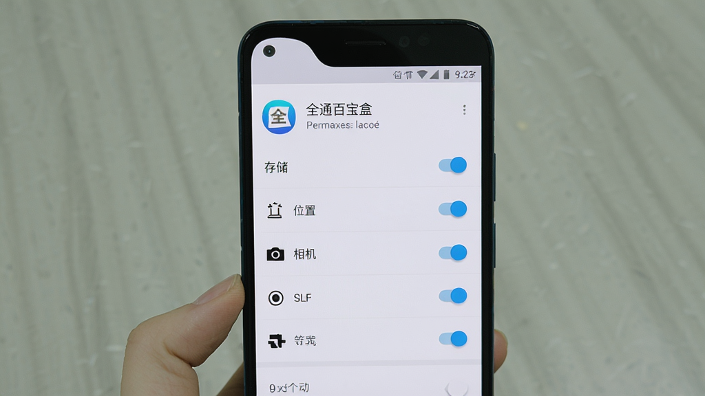 一张展示全通百宝盒在手机上安装和权限设置界面的图片,画面主体是手机屏幕,屏幕显示安卓系统的权限管理页面,上方有“全通百宝盒”应用名称,下方列出存储、位置、相机等权限开关,界面为原生安卓风格,背景简洁,画质清晰,无多余元素